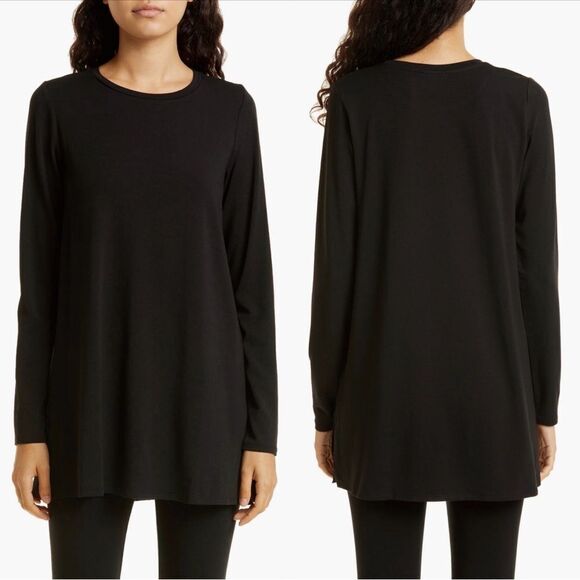 Eileen Fisher Crewneck Long Sleeve Jersey Tunic Top Size Small in Black - Picture 1 of 10